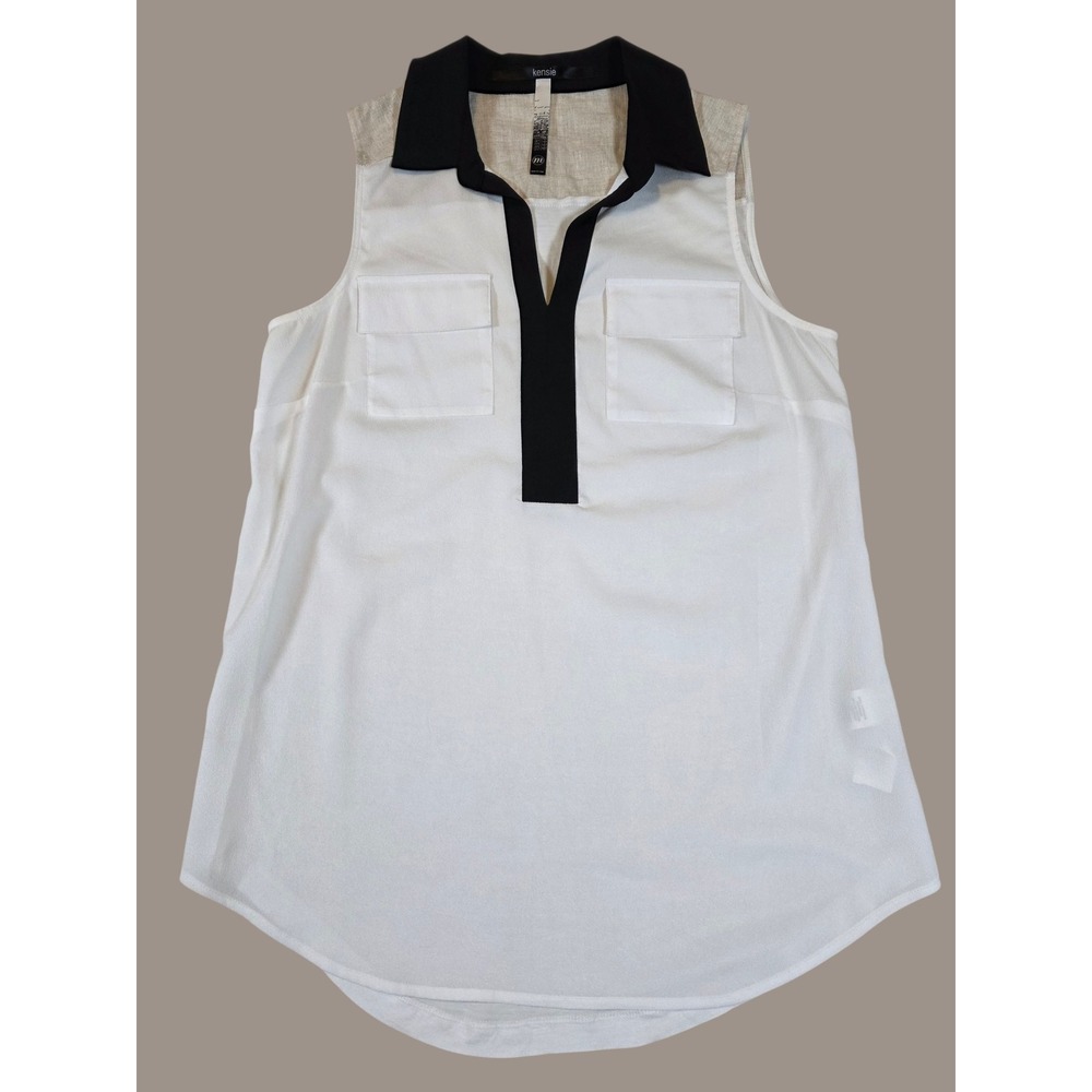 Kensie Top Women M White Sleeveless Colorblock Linen Trim V-Neck Professional